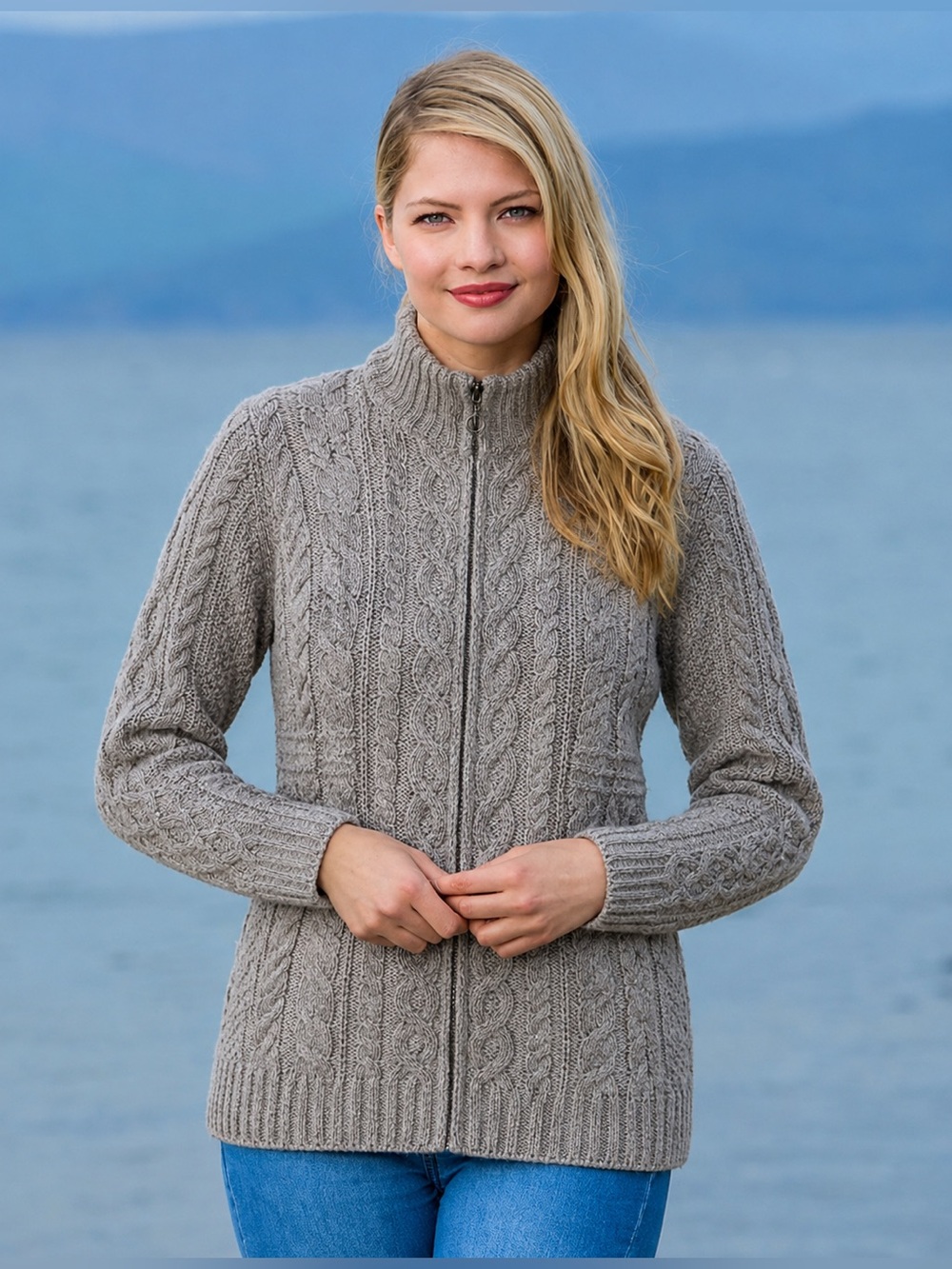 Inis Crafts 100% Merino Wool Cardigan Fisherman Zip Up Sweater Gray Medium *R